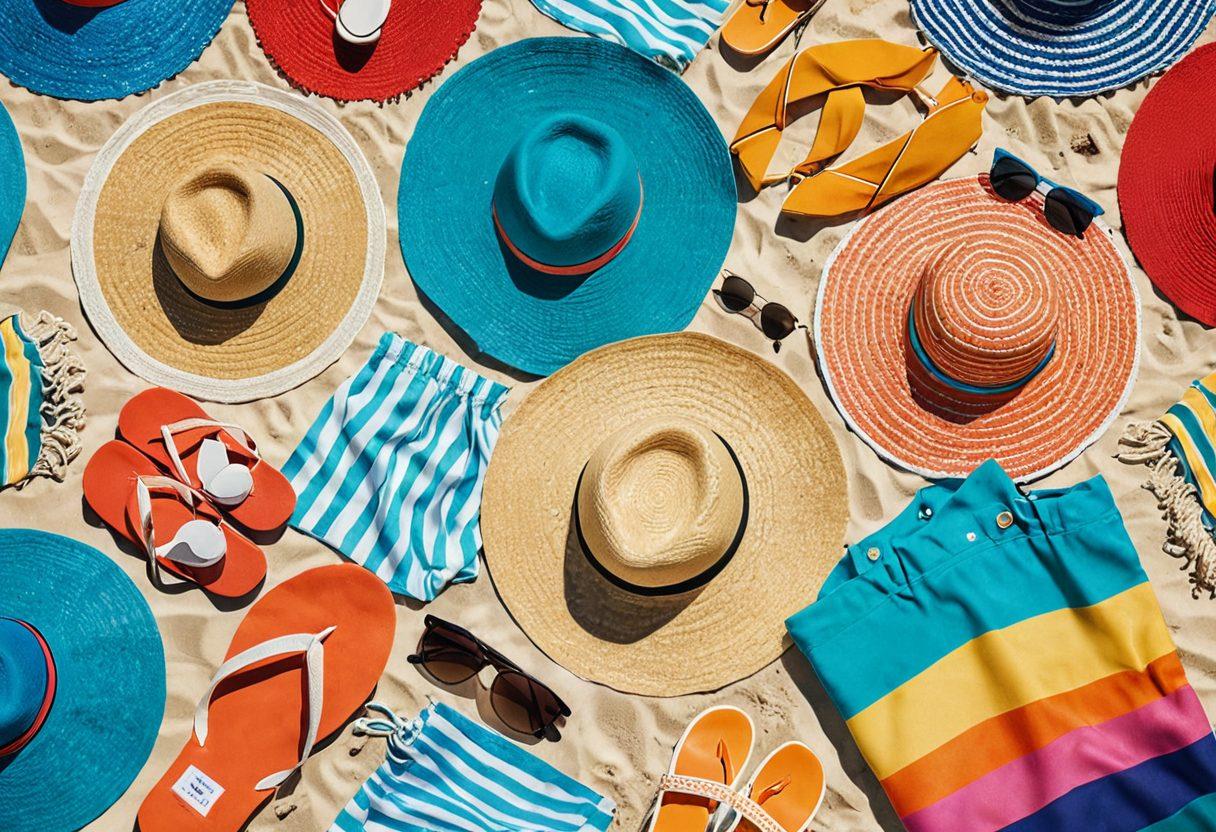 A stylish beach scene featuring a variety of swimwear, beach towels, sunglasses, and accessories scattered on warm sand. Include vibrant beach umbrellas and a turquoise ocean in the background. Showcase a fashionable straw hat and a colorful beach bag to complement the fashion theme. The scene should evoke a fun, carefree summer vibe. super-realistic. vibrant colors. sunny atmosphere.
