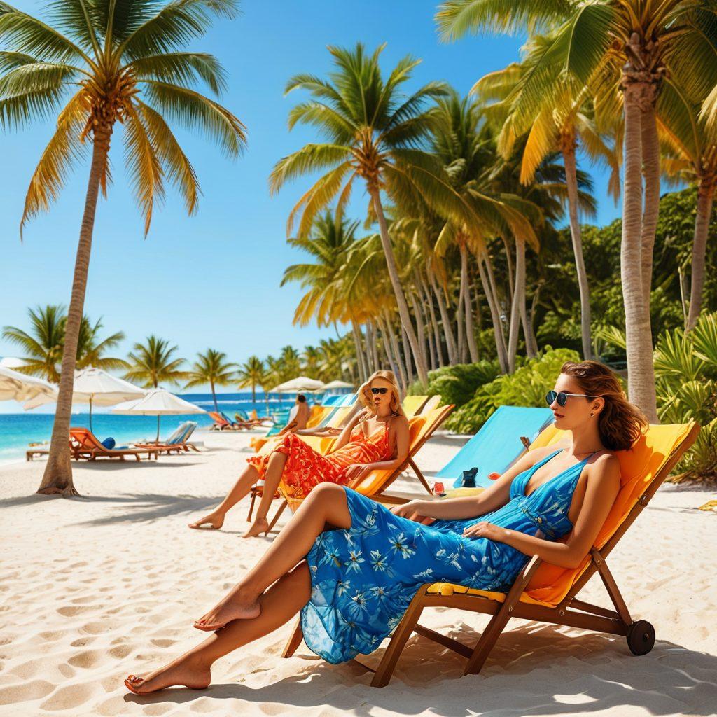 A stylish beach scene showcasing a vibrant array of chic resort wear including flowy dresses, colorful swimwear, and trendy accessories. Include a sunbathing area with lounge chairs, palm trees swaying in the background, and a bright blue ocean. Capture the essence of summer vibes with people enjoying their vacation moments. Use bright and cheerful colors to evoke a sense of relaxation and elegance. super-realistic. vibrant colors. tropical theme.